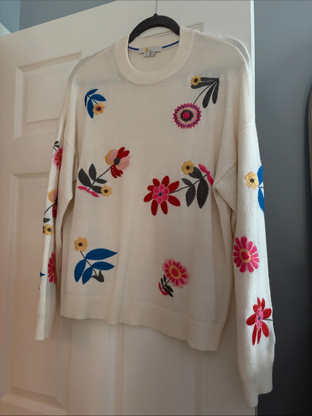 Boden Cream Floral Embroidered Crewneck Sweater